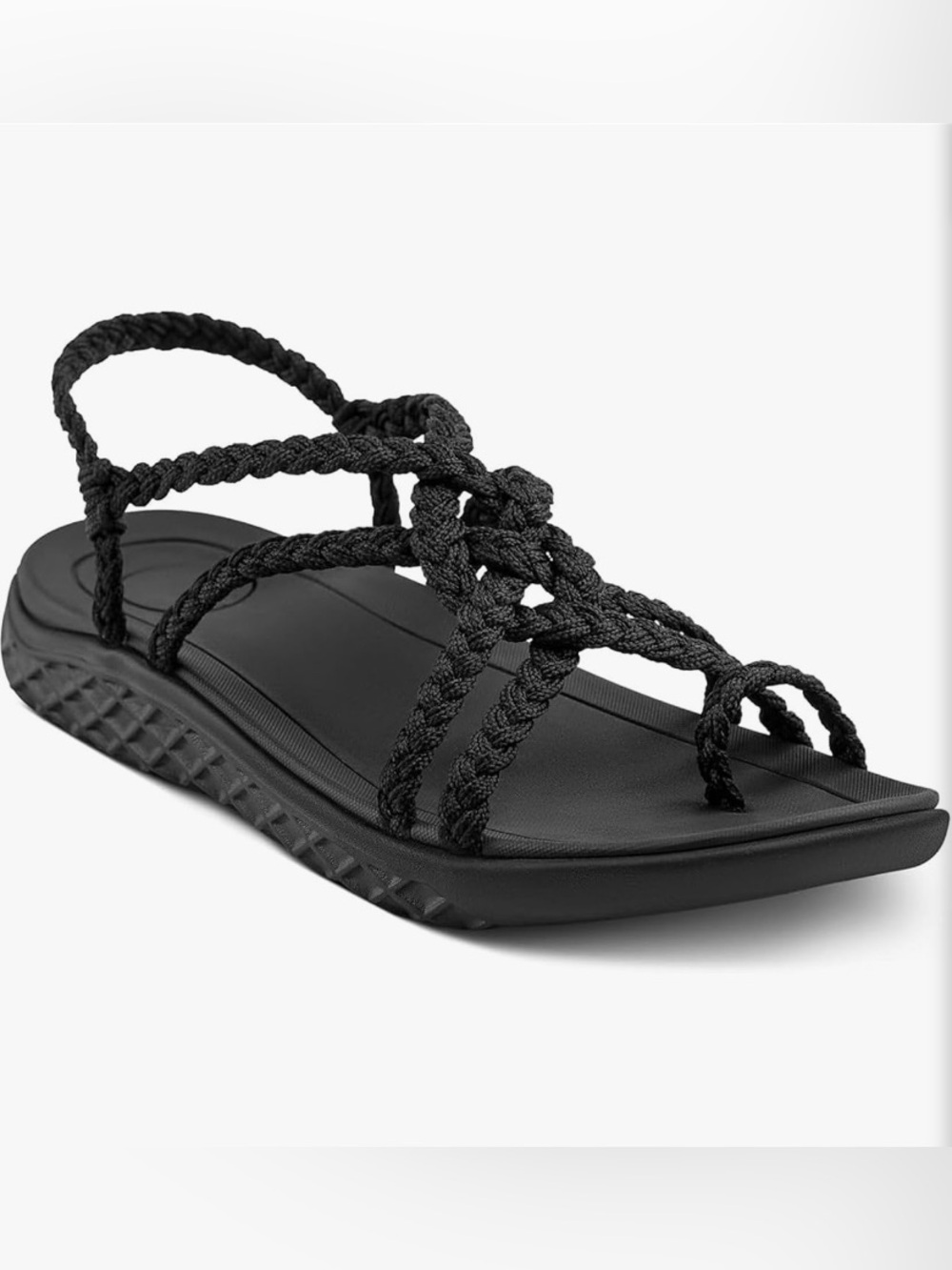 Women's Plaka Explore Braided Rope Black Sandal with Cushioned Sole